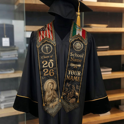 Mexico Graduation Stole Custom Name Class of 2026 USA Flag Virgin Mary Heritage Sash