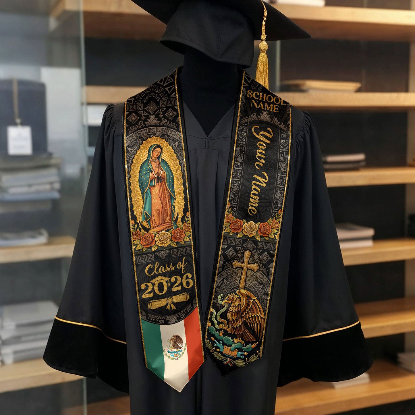 Personalized Mexican Graduation Stole 2026 - Our Lady of Guadalupe Aztec Heritage Sash
