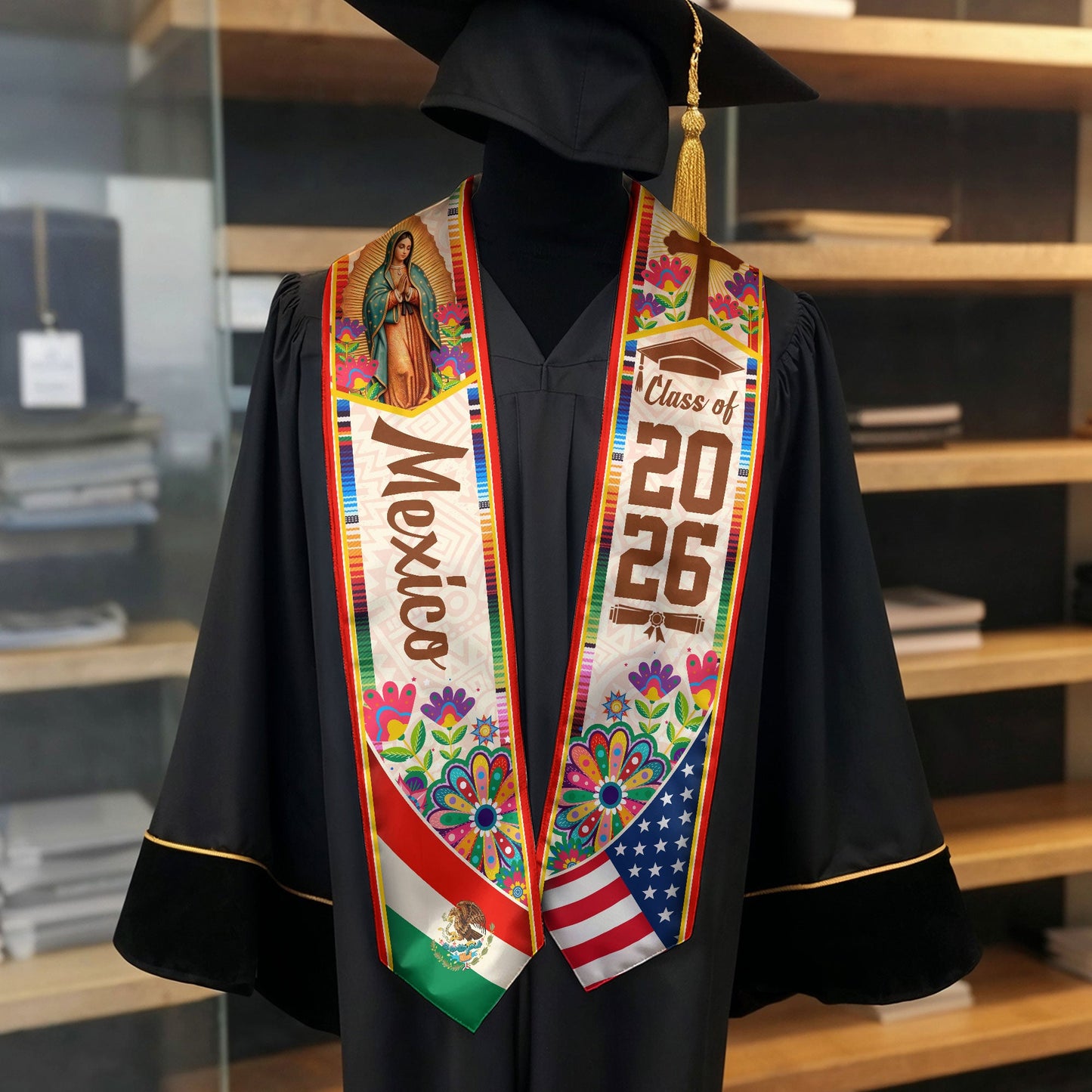 Mexico USA Flag Graduation Stole 2026 - Mexican American Heritage Graduation Sash
