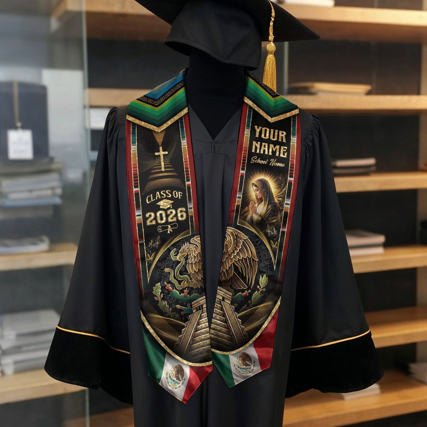 Mexican Graduation Stole 2026 – Virgin Mary, Eagle, Aztec Design, Name & School Personalized Sash