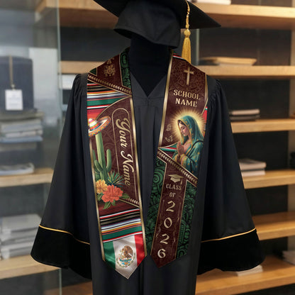 Custom Mexican Graduation Stole 2026 Virgin Mary Cactus Sombrero Name School Sash