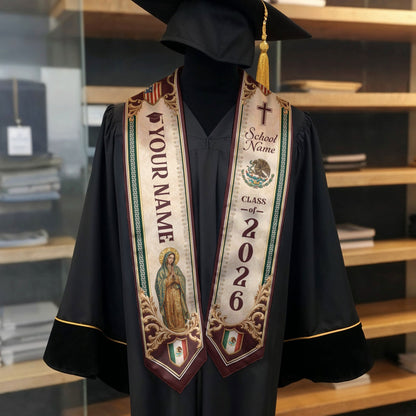 Custom Mexico US Flag Graduation Stole 2026 - Our Lady of Guadalupe Heritage Sash