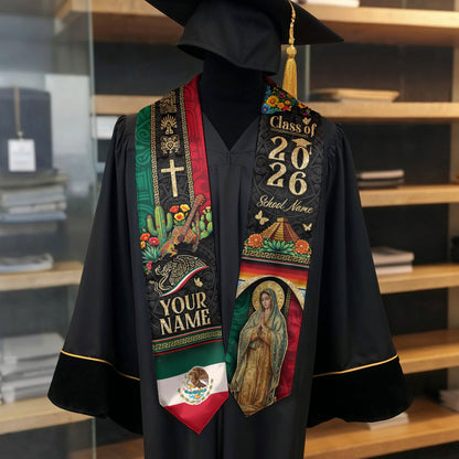 Personalized Mexican Graduation Stole 2026 - Aztec Pyramid & Guitar Heritage Sash