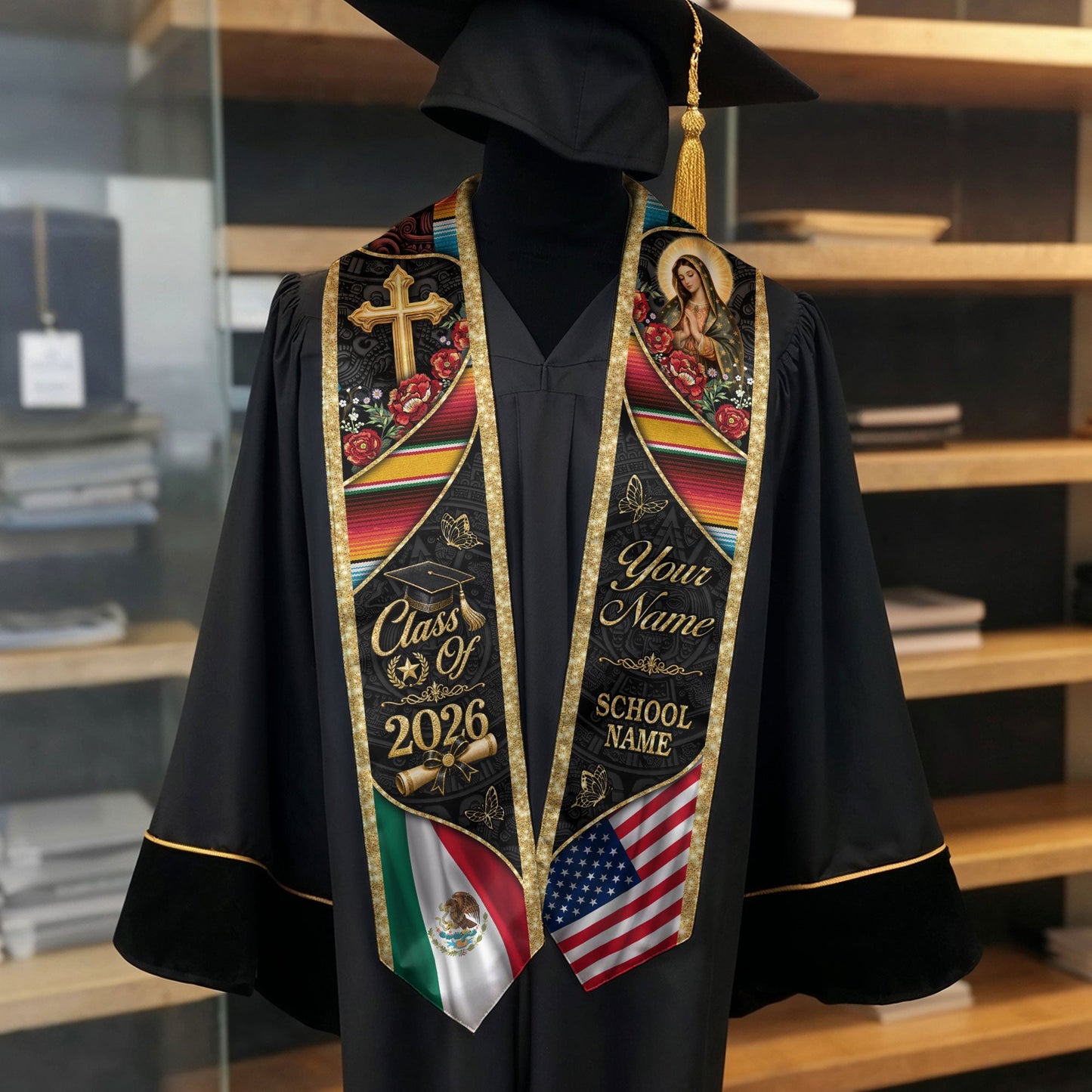 Custom Mexico Graduation Stole 2026 Virgin Mary Cross Mexican US Flag Gold Glitter Sash