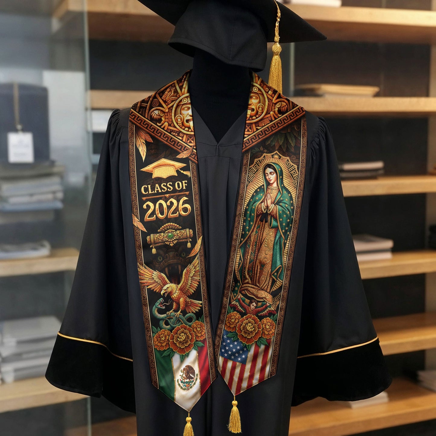 Class of 2026 Graduation Stole Mexico Flag Virgin Guadalupe Aztec Eagle Serape Tassel Sash