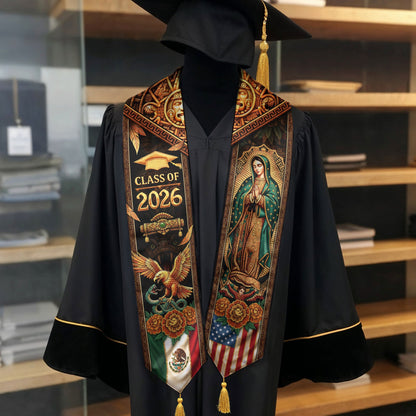 Class of 2026 Graduation Stole Mexico Flag Virgin Guadalupe Aztec Eagle Serape Tassel Sash