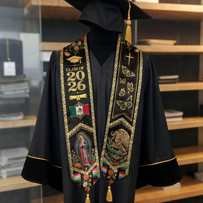 Class of 2026 Mexico Stole Aztec Eagle Virgin Guadalupe Butterfly Floral Tassel Sash
