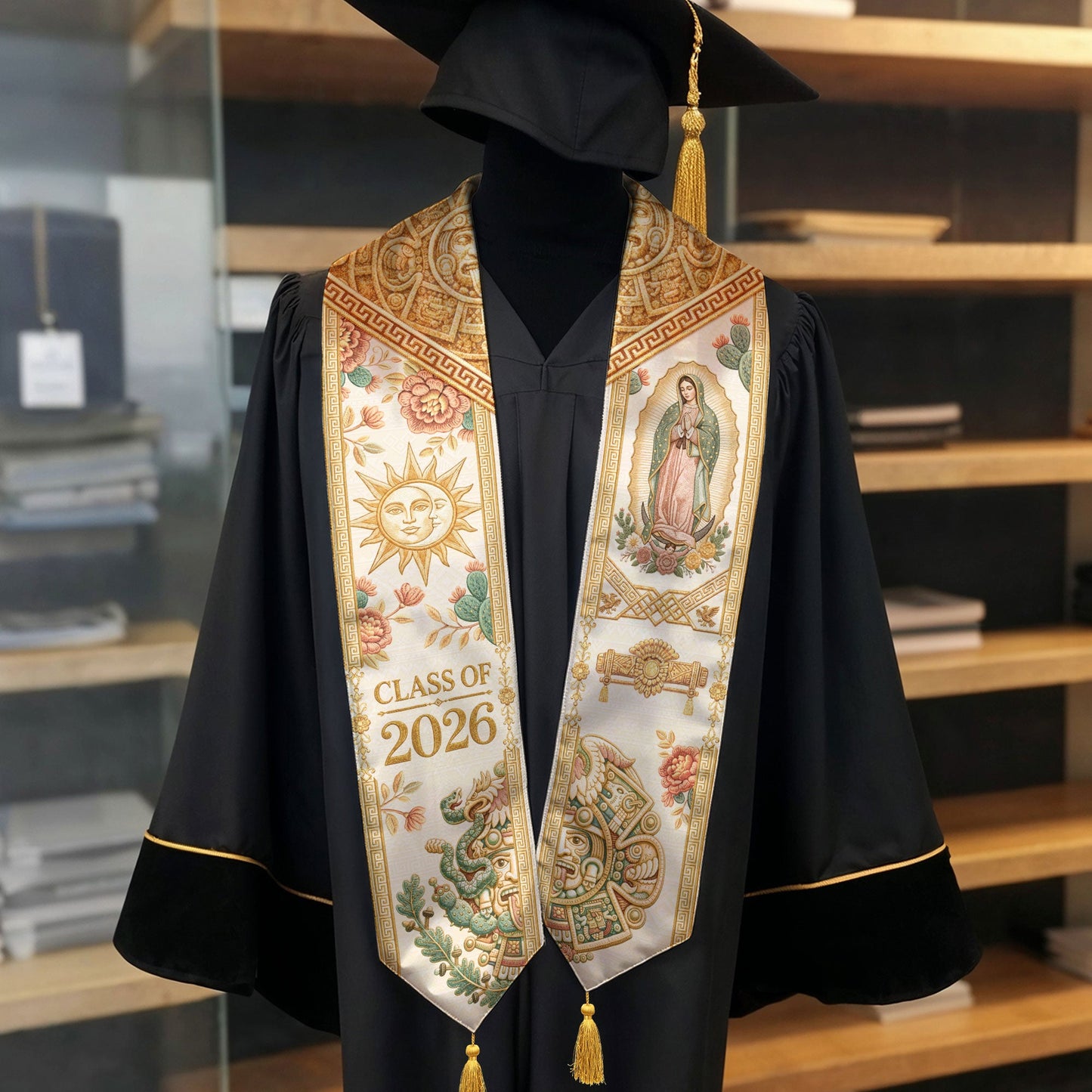 Mexico Graduation Stole Class of 2026 Sun Moon Virgin Guadalupe Floral Tassel Sash