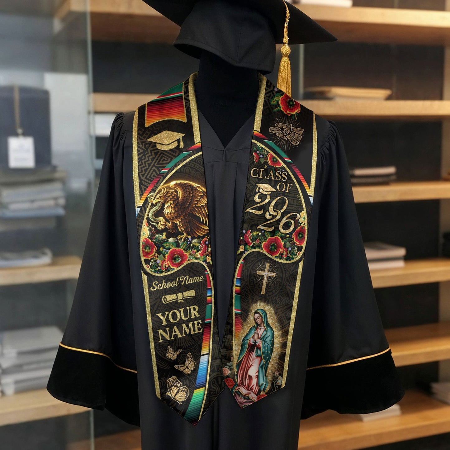 Personalized Mexican Heritage Graduation Stole 2026 Virgin Mary Serape Butterfly Gold Sash