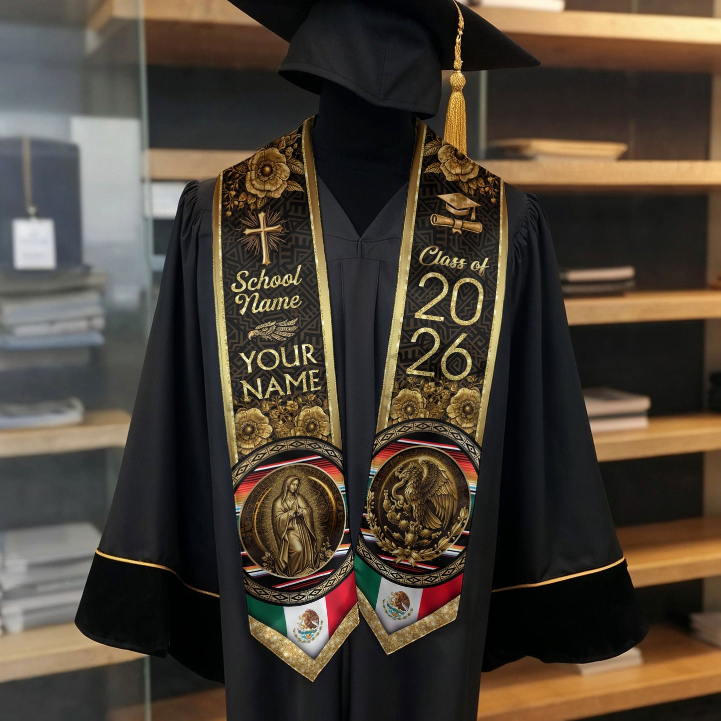 Mexico Graduation Stole 2026 Gold Glitter Virgin Mary Eagle Personalized Heritage Sash