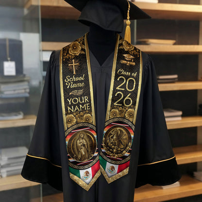 Mexico Graduation Stole 2026 Gold Glitter Virgin Mary Eagle Personalized Heritage Sash