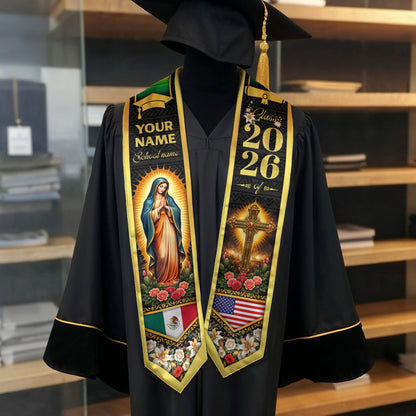 Custom Mexico USA Flag Graduation Stole 2026 Virgin Mary Cross Heritage Sash