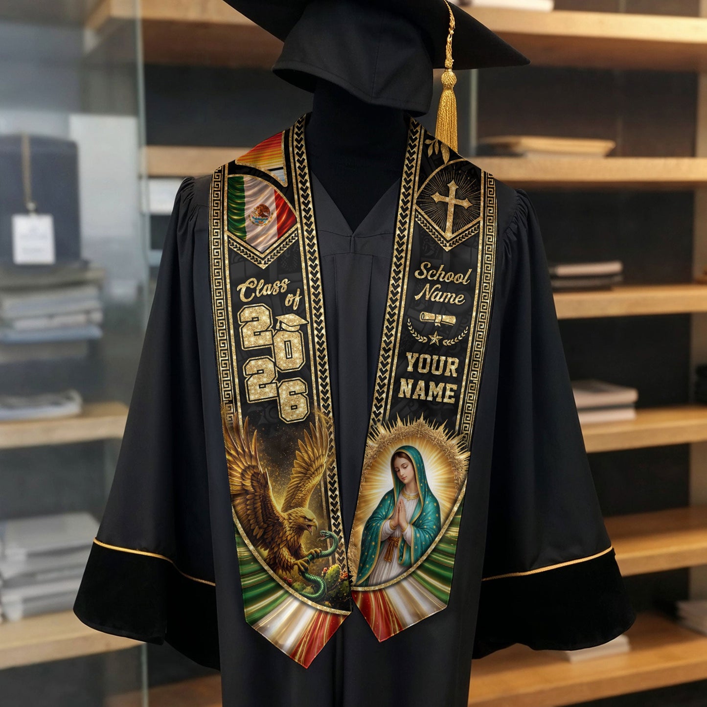 Mexico Graduation Stole 2026 Virgin Mary Eagle Personalized Mexican Heritage Sash
