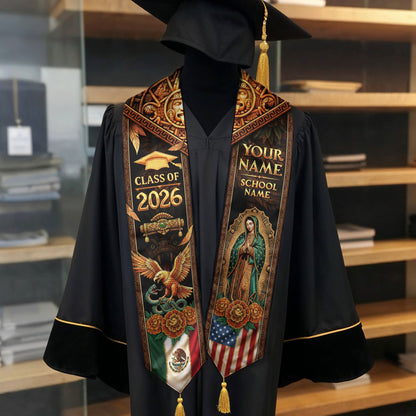 Mexico USA Graduation Stole 2026 Tassels Virgin Mary Eagle Personalized Gold Sash