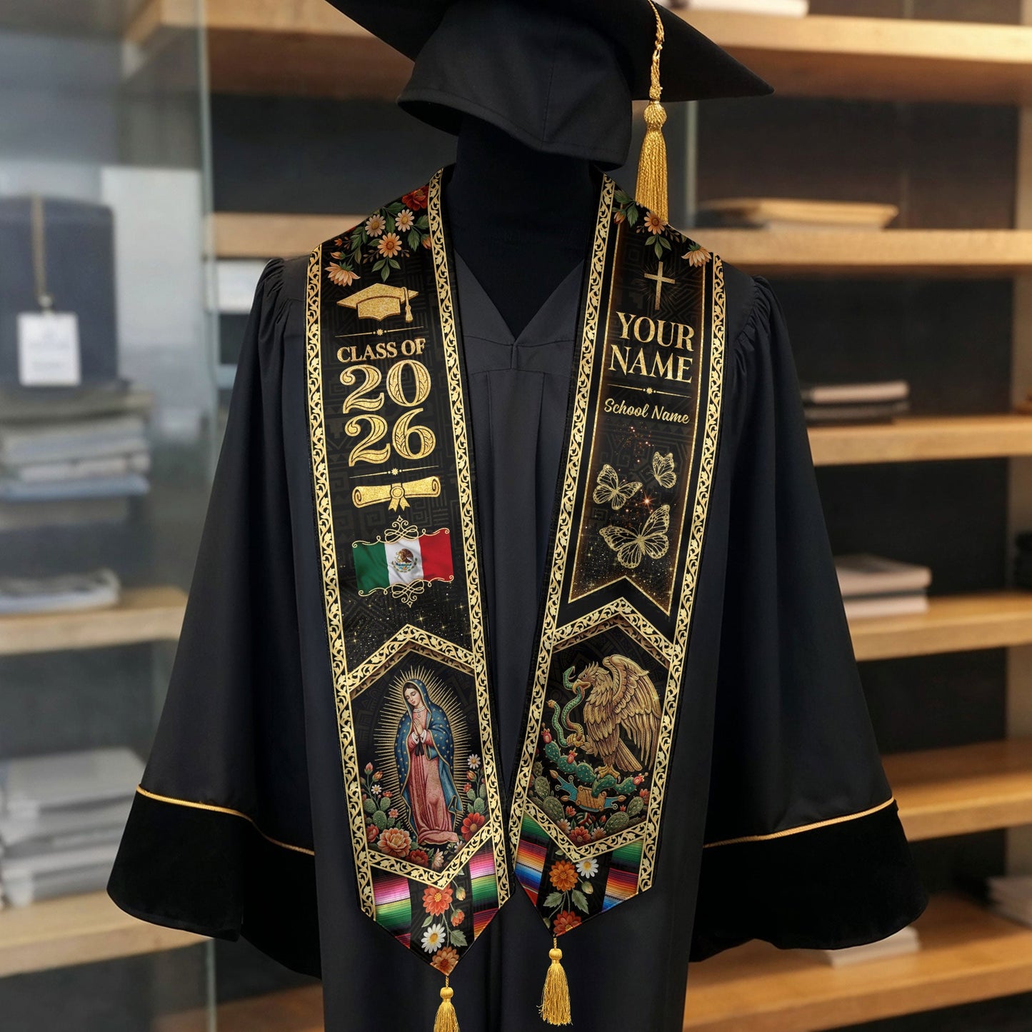 Custom Mexico Graduation Stole 2026 Tassels Virgin Mary Eagle Black Gold Sash
