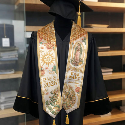 Custom Mexico Graduation Stole 2026 Tassels Virgin Mary Ivory Aztec Gold Sash