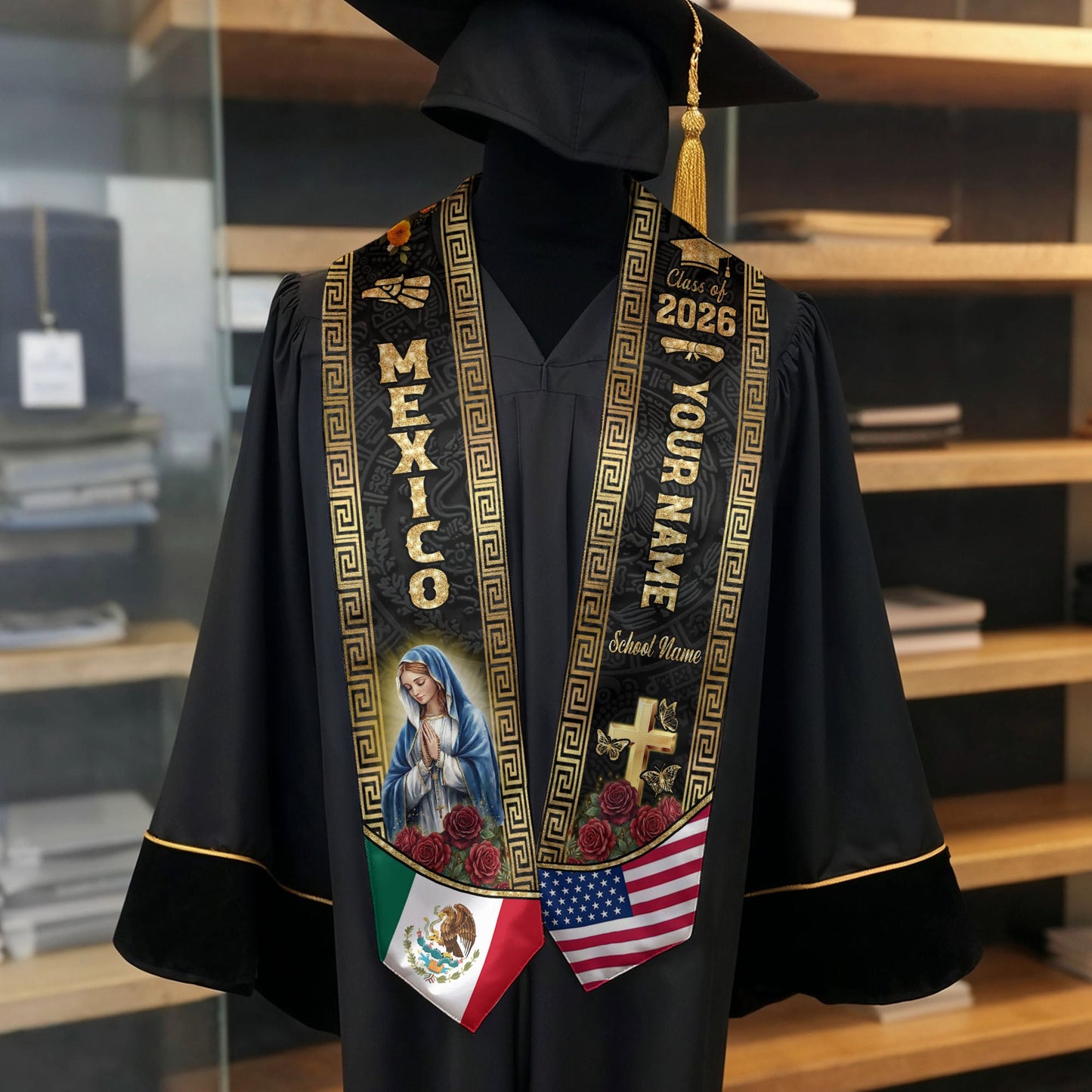 Custom Mexico Graduation Stole 2026 Virgin Mary Eagle Flag Mexican Sash