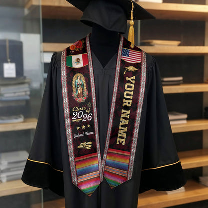 Mexico USA Flag Graduation Stole 2026 Custom Burgundy Guadalupe Mexican Sash