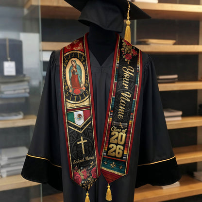 Custom Red Rose Mexico Graduation Stole Tassel Class of 2026 Butterfly Virgin Mary Sash