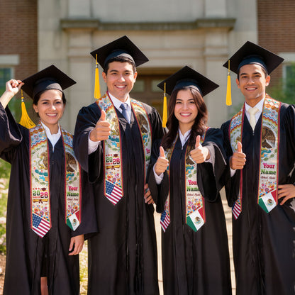 Personalized 2026 Graduation Stole – USA & Mexico Eagle Heritage Senior Sash with Serape Pattern Design