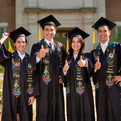 Custom Virgen de Guadalupe Class of 2026 Graduation Stole – USA & Mexico Flag Personalized Senior Sash