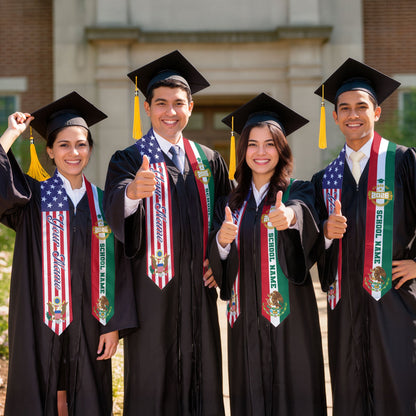 Mexican Graduation Stole Custom Name Mexico Sash USA Mexico Flag Eagle Emblem 2026