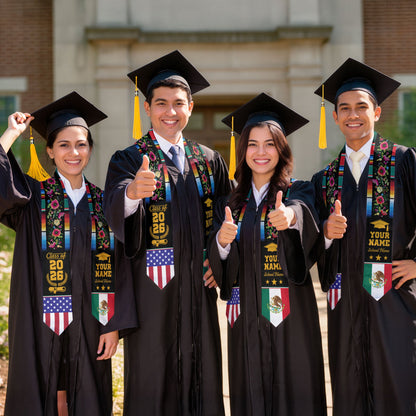 Custom Mexican Graduation Stole Mexico USA Flag Serape Floral Class 2026