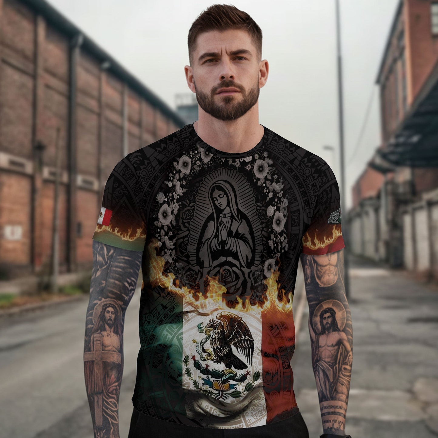 Virgin of Guadalupe Flame Mexico Flag Aztec Heritage Shirt