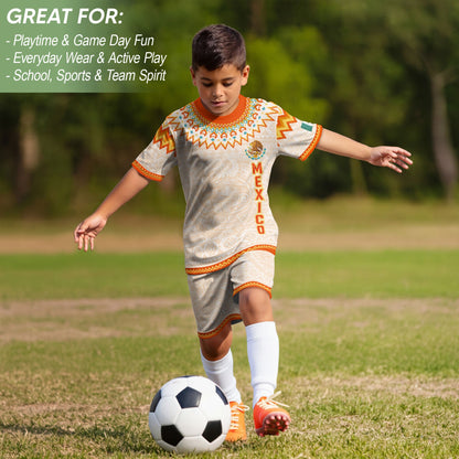 Beige Mexico Soccer Jersey Kids Set Aztec Calendar Mexican Youth Football Shirt Shorts