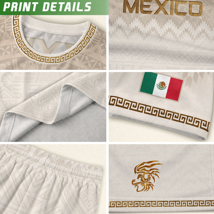 Mexico Heritage Orgullo Mexicano Beige Gold Aztec Pyramid Sun Stone Soccer Jersey