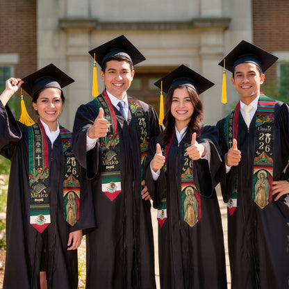Mexico Graduation Stole 2026 Virgen de Guadalupe Cross Cactus Guitar Aztec Cultural Design