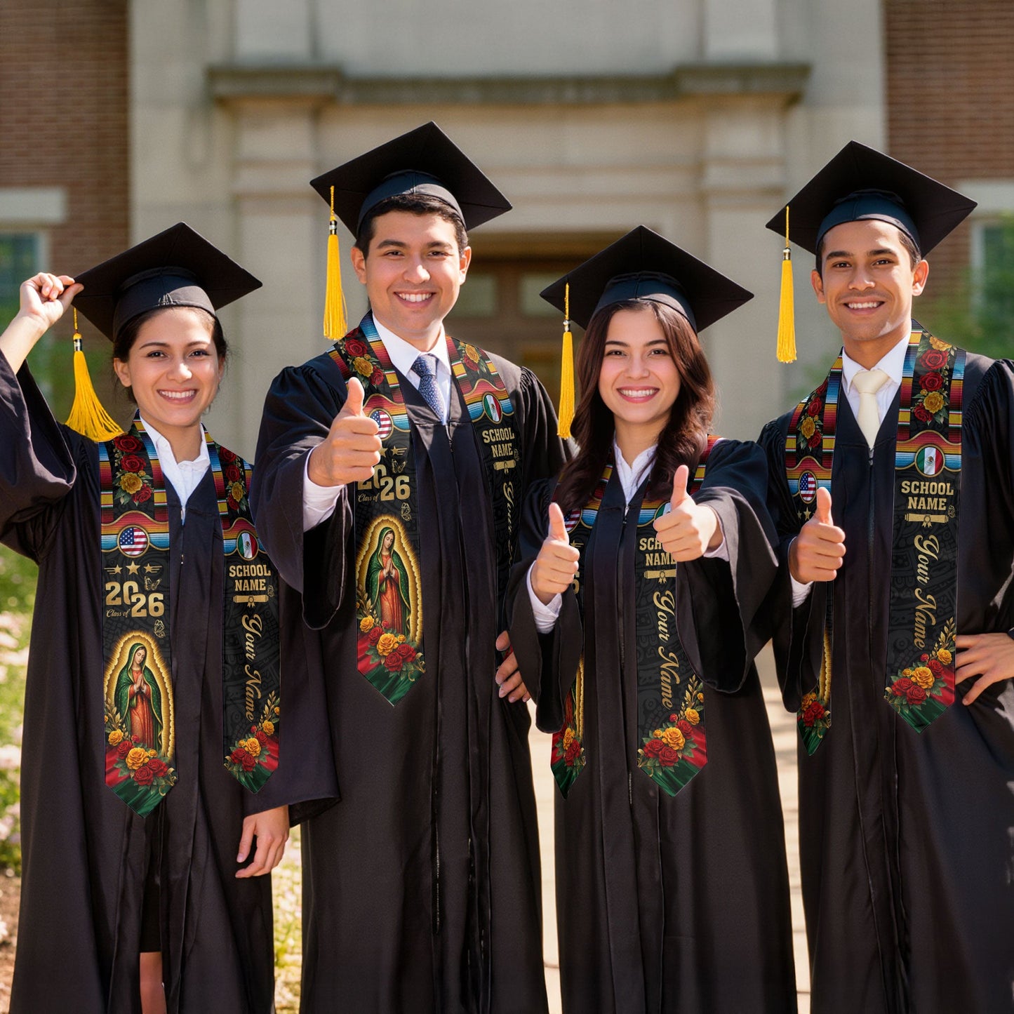 Mexican Graduation Stole 2026 – Virgin Mary, USA & Mexico Flag, Name & School Personalized Sash