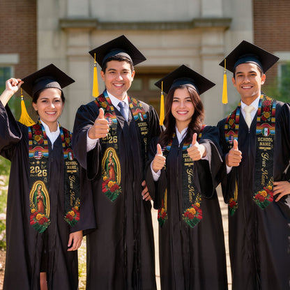 Mexican Graduation Stole 2026 – Virgin Mary, USA & Mexico Flag, Name & School Personalized Sash