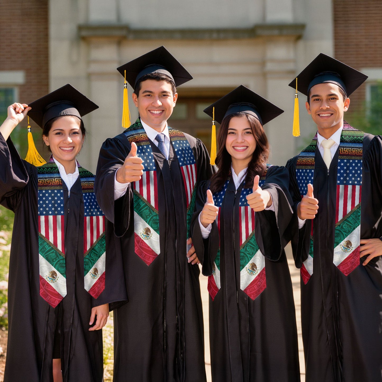 Mexico USA Flag Graduation Stole - Aztec Pattern Mexican American Heritage Sash