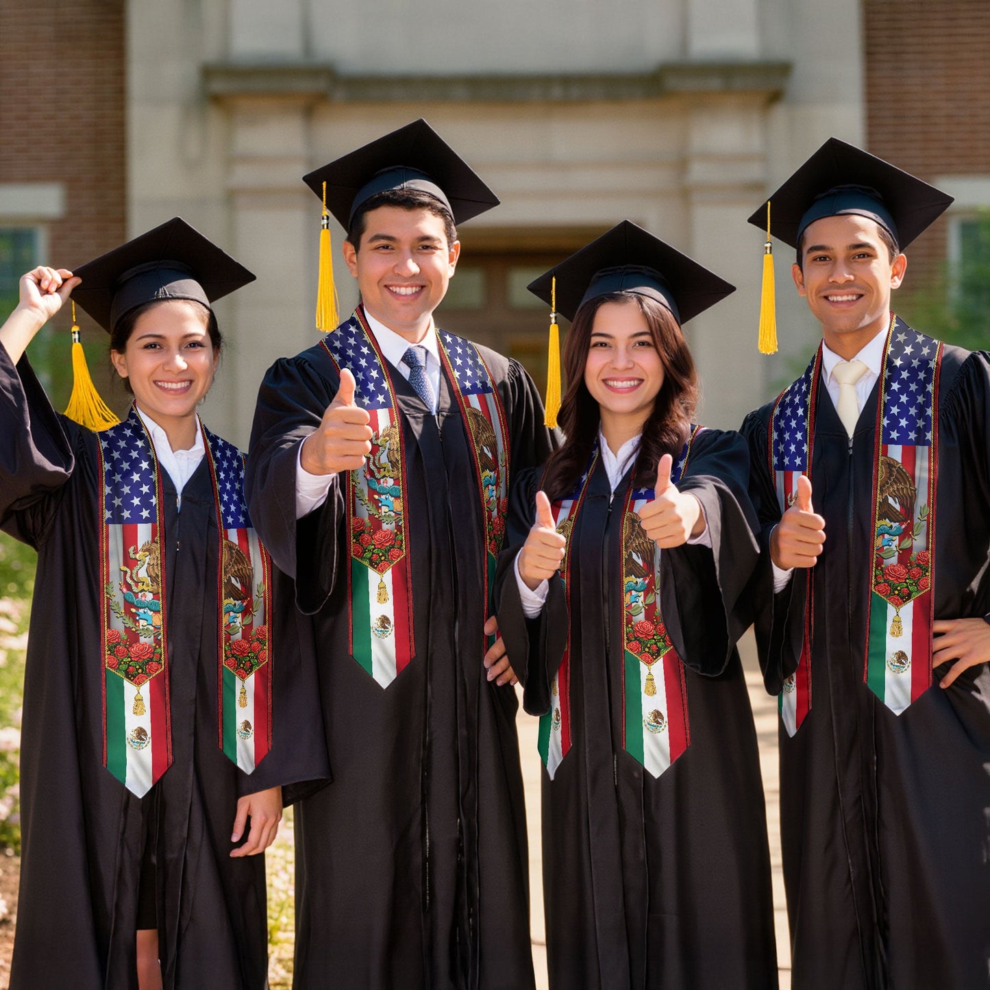Mexico USA Flag Graduation Stole - Mexican American Heritage Eagle Red Rose Sash