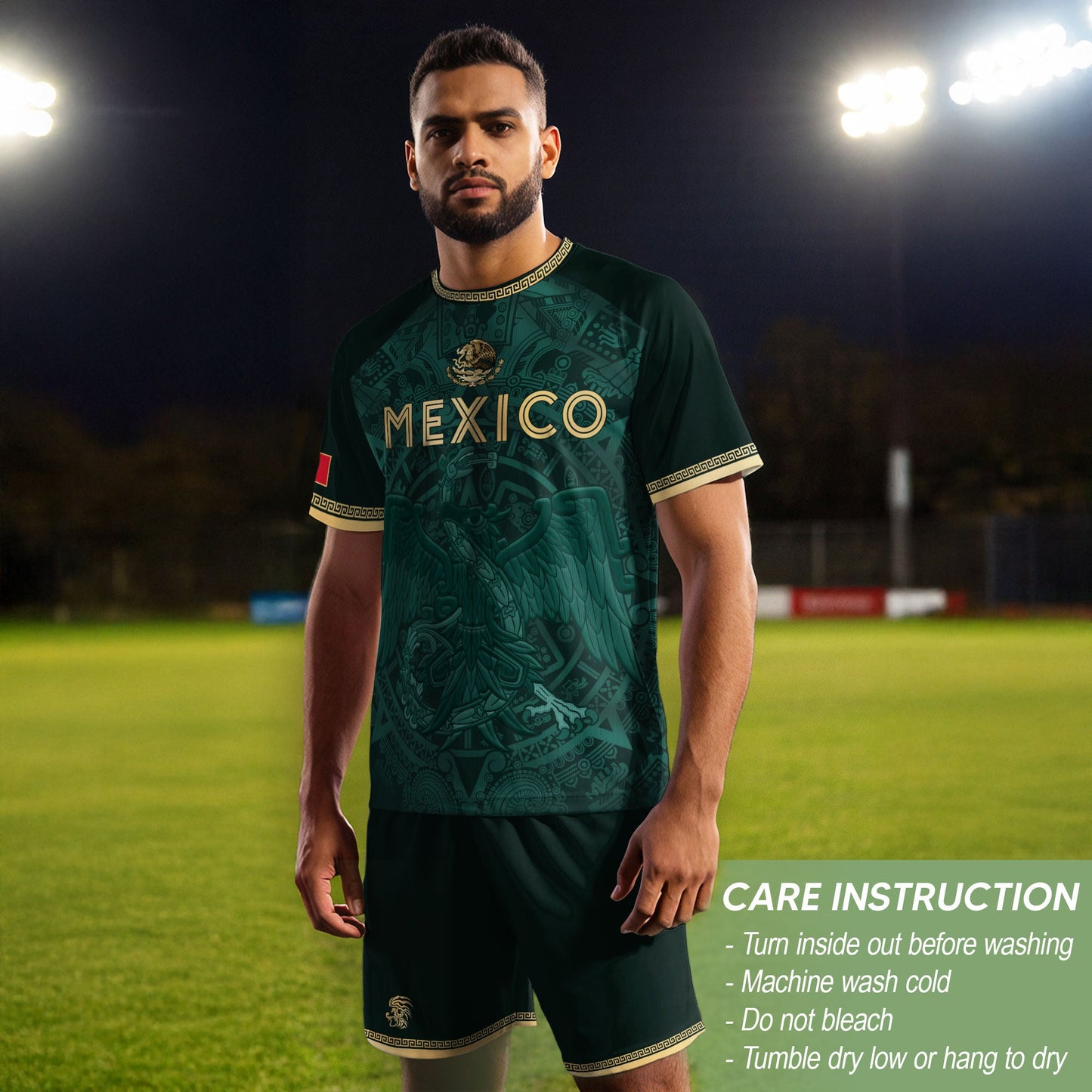 Mexico Heritage Orgullo Mexicano Green Gold Eagle Aztec Calendar Soccer Jersey