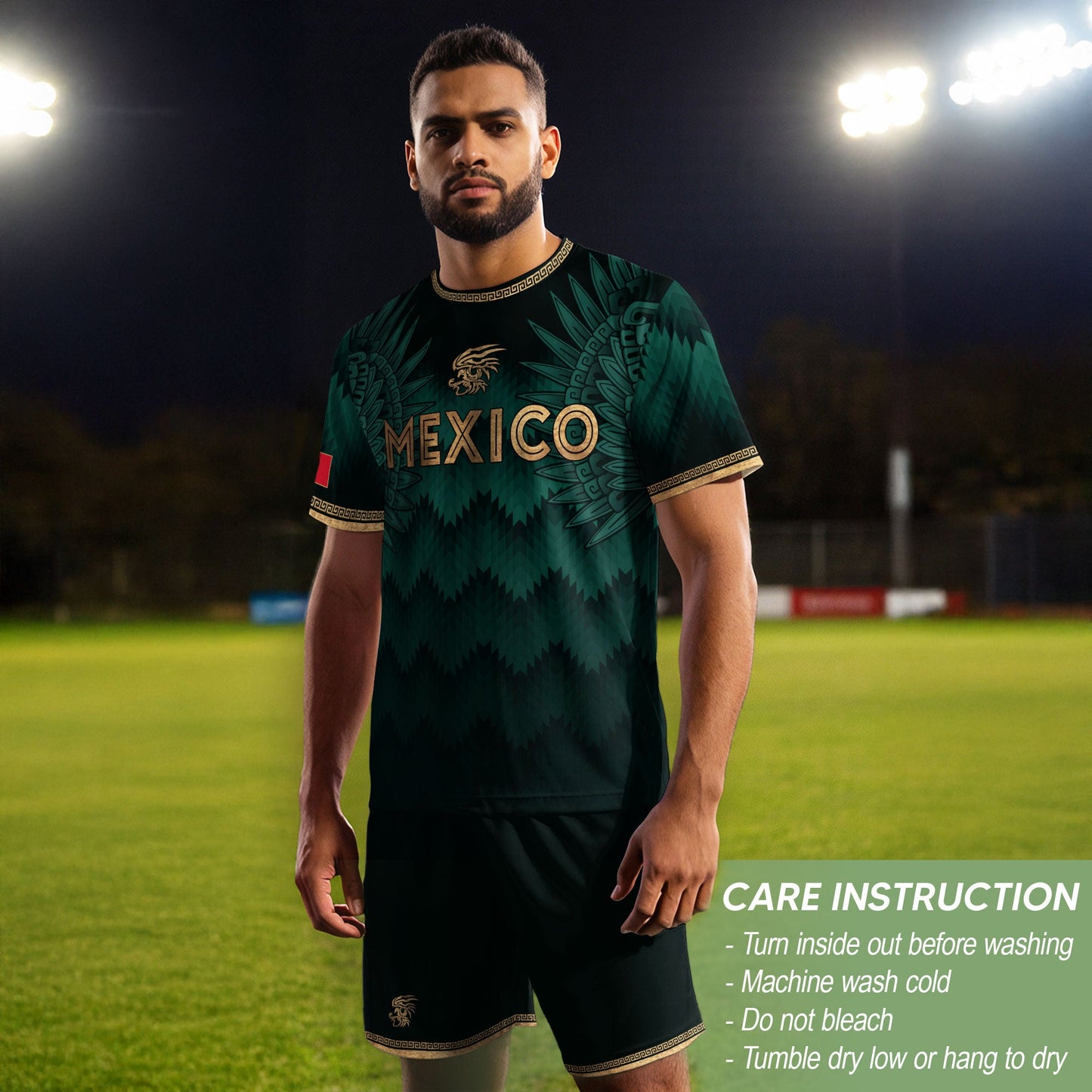 Mexico Coat of Arms Green Gold Aztec Ziczac Pattern Wing Graphic Heritage Soccer Jersey