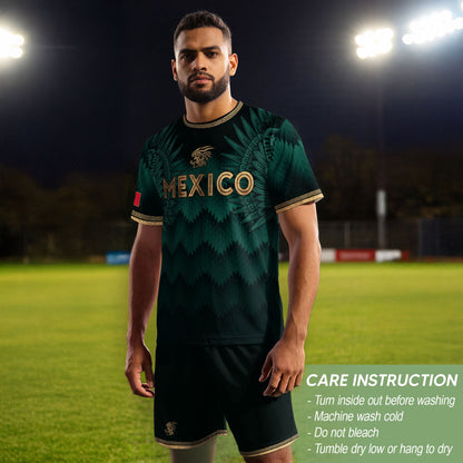 Mexico Coat of Arms Green Gold Aztec Ziczac Pattern Wing Graphic Heritage Soccer Jersey