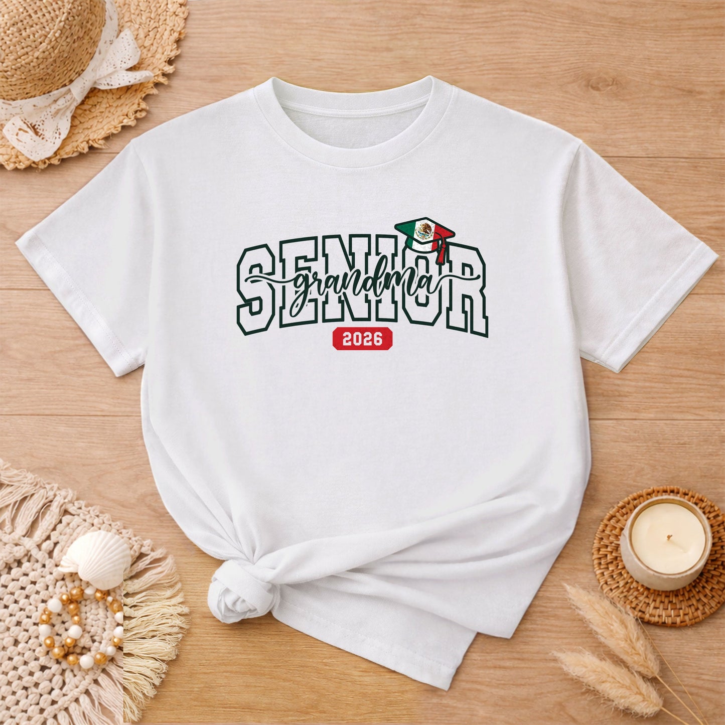 Senior Family 2026 T-Shirt White with Mexico Flag Graduation Cap - Class of 2026 Tee