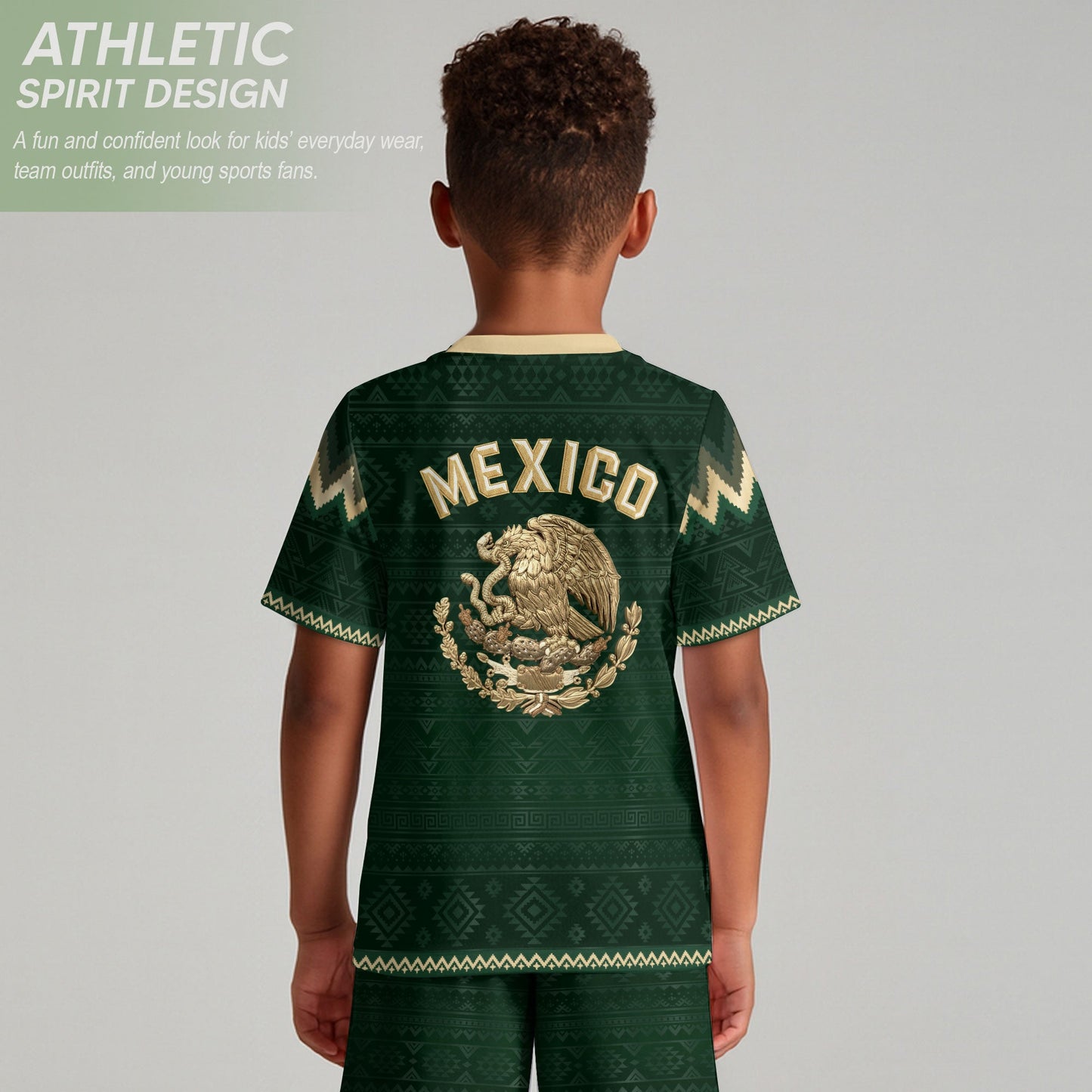 Mexico Soccer Jersey Kids Set Green Gold Aztec Calendar Youth Football Shirt Shorts