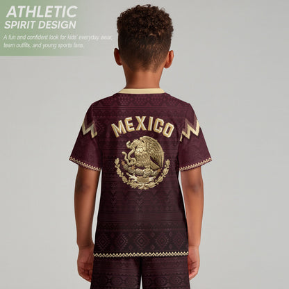 Mexico Soccer Jersey Kids Shorts Set Maroon Aztec Culture Youth Football Outfit Kit