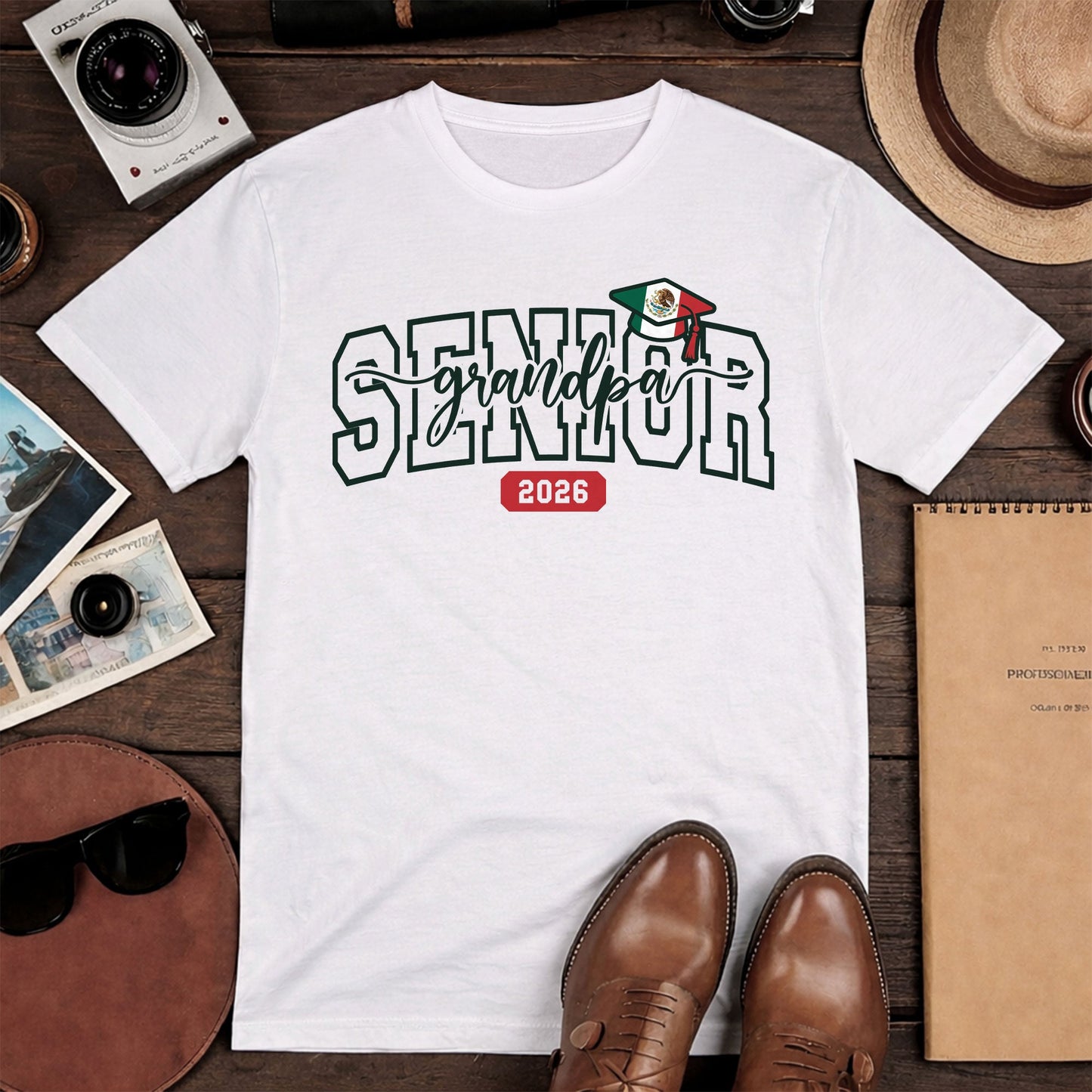 Senior Family 2026 T-Shirt White with Mexico Flag Graduation Cap - Class of 2026 Tee
