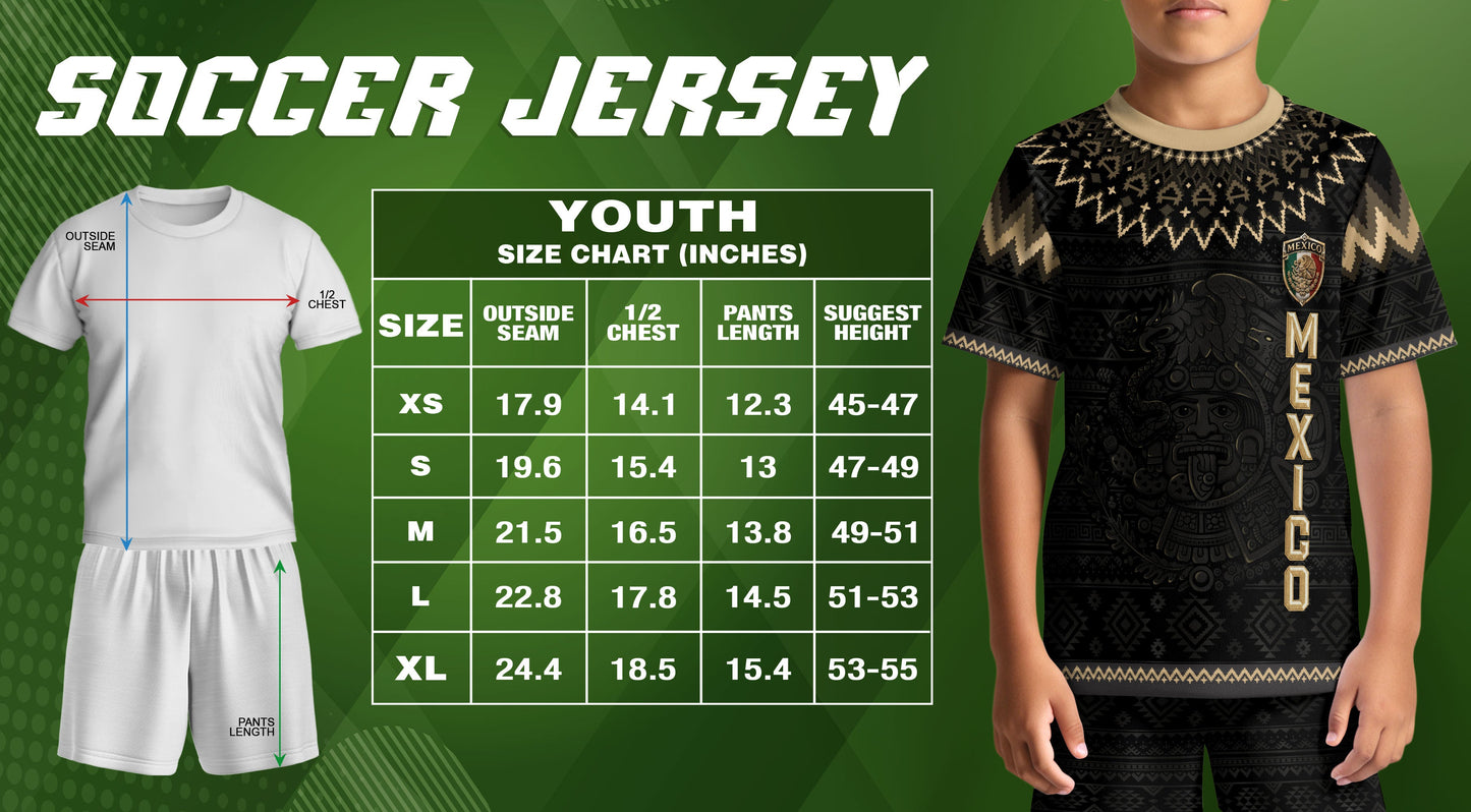 Mexico Soccer Jersey Kids Set Black Gold Aztec Calendar Youth Football Shirt Shorts