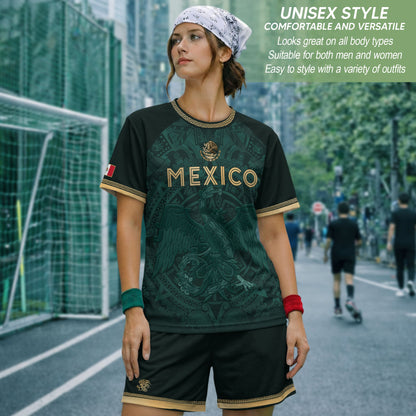 Mexico Heritage Orgullo Mexicano Green Gold Eagle Aztec Calendar Soccer Jersey