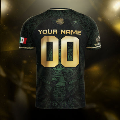 Custom Mexico Soccer Jersey Black Gold Heritage Aztec Calendar Design