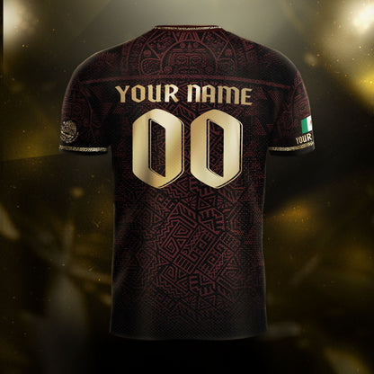 Custom Mexico Soccer Jersey Burgundy Gold Aztec Eagle Serpent Design