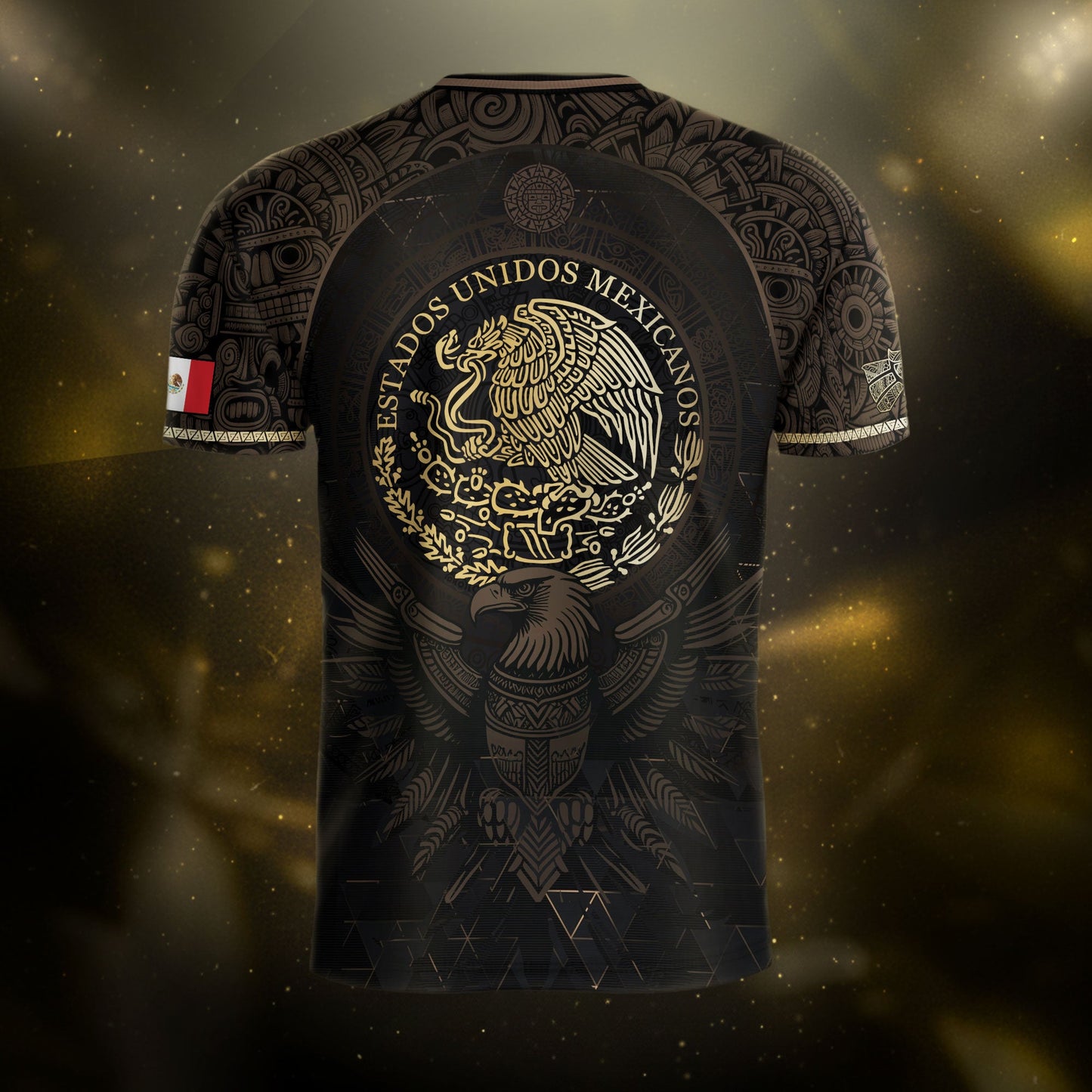 Mexico Soccer Jersey Black Gold Aztec Calendar & Eagle Emblem