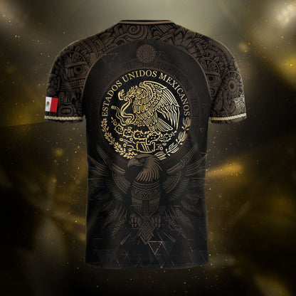 Mexico Soccer Jersey Black Gold Aztec Calendar & Eagle Emblem