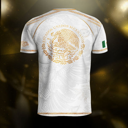 Mexico Soccer Jersey White Gold Aztec Eagle Design