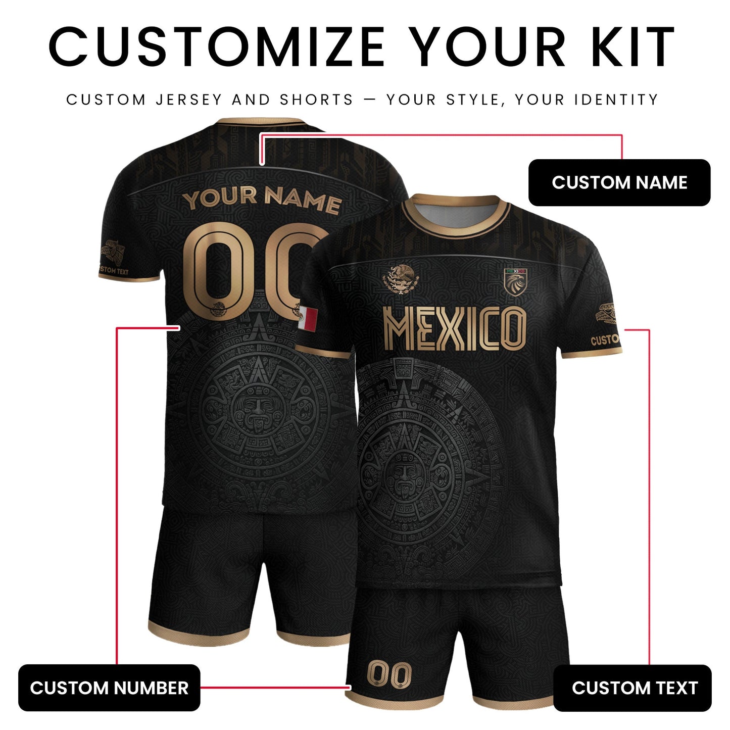 Custom Mexico Black Aztec Calendar Gold Edition Soccer Jersey